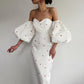 Printed Lantern Sleeve Off-shoulder High Waist Midi Dress Women