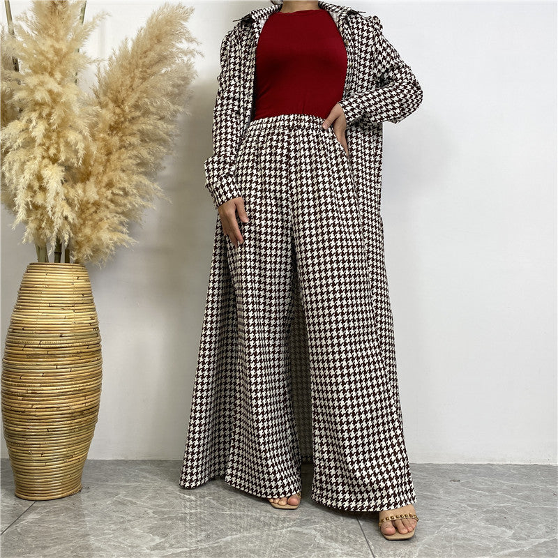 Fashion Printed Satin Full Button Long Cardigan And Pocket Pants Set