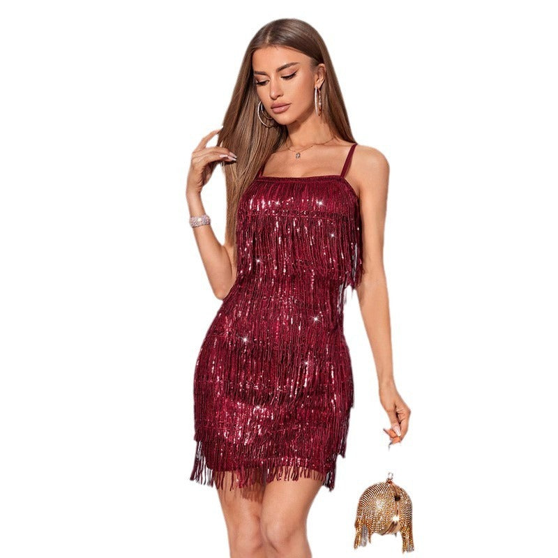 Robe de cocktail à bretelles pailletées et à pompons, robe de soirée, jupe courte