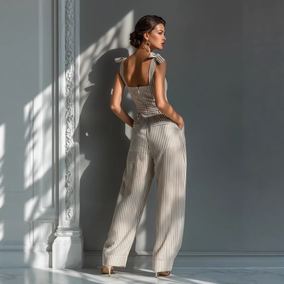 Womens Fashionable Striped Linen Jumpsuit