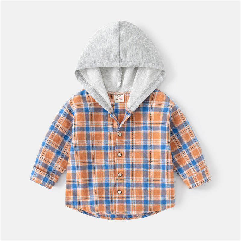 Korean Style Children's Long-sleeved Shirt Baby Plaid Hooded Shirt Trendy