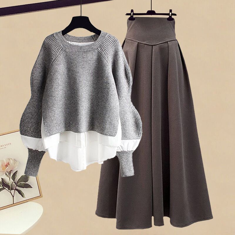 Women's Casual Fashion Fake Two-piece Top Slim Fit Skirt Two-piece Set