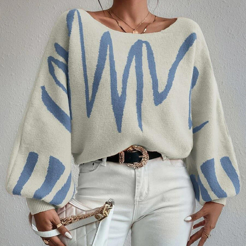 New Lantern-sleeved Pullover Sweater Fashion Line Printed Loose Tops Women's Clothing
