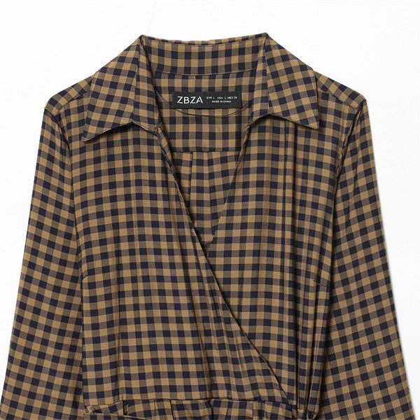 Checkered V-neck Long Sleeve Belted Shirt-style Dress