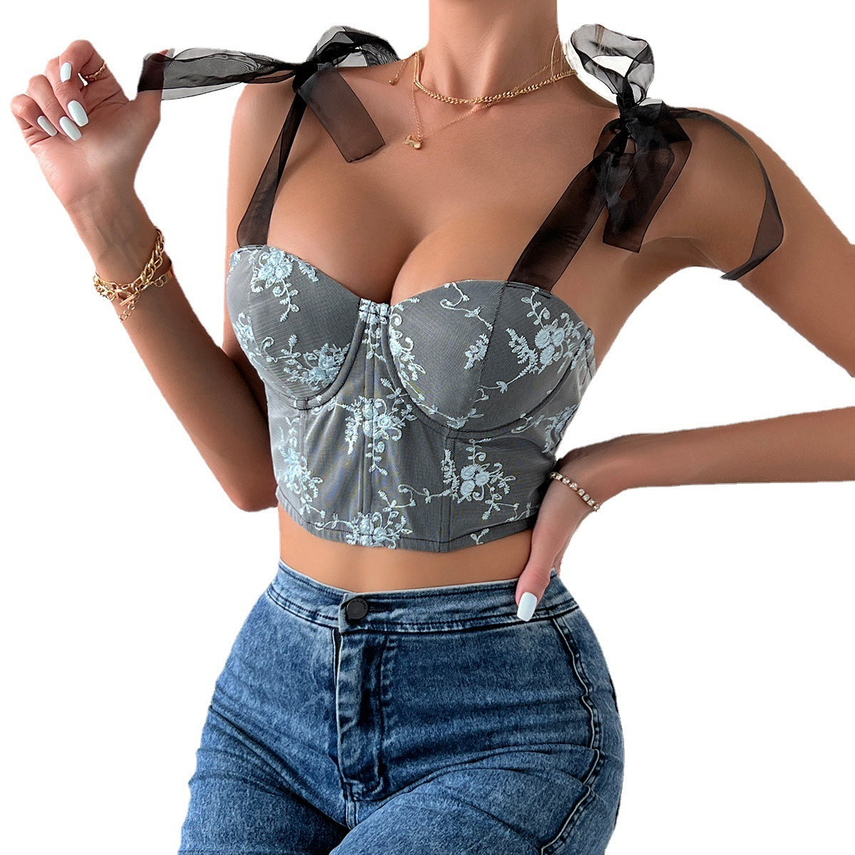 Women's Fashion Lace-up Sling Steel Ring Fishbone Chest Vest