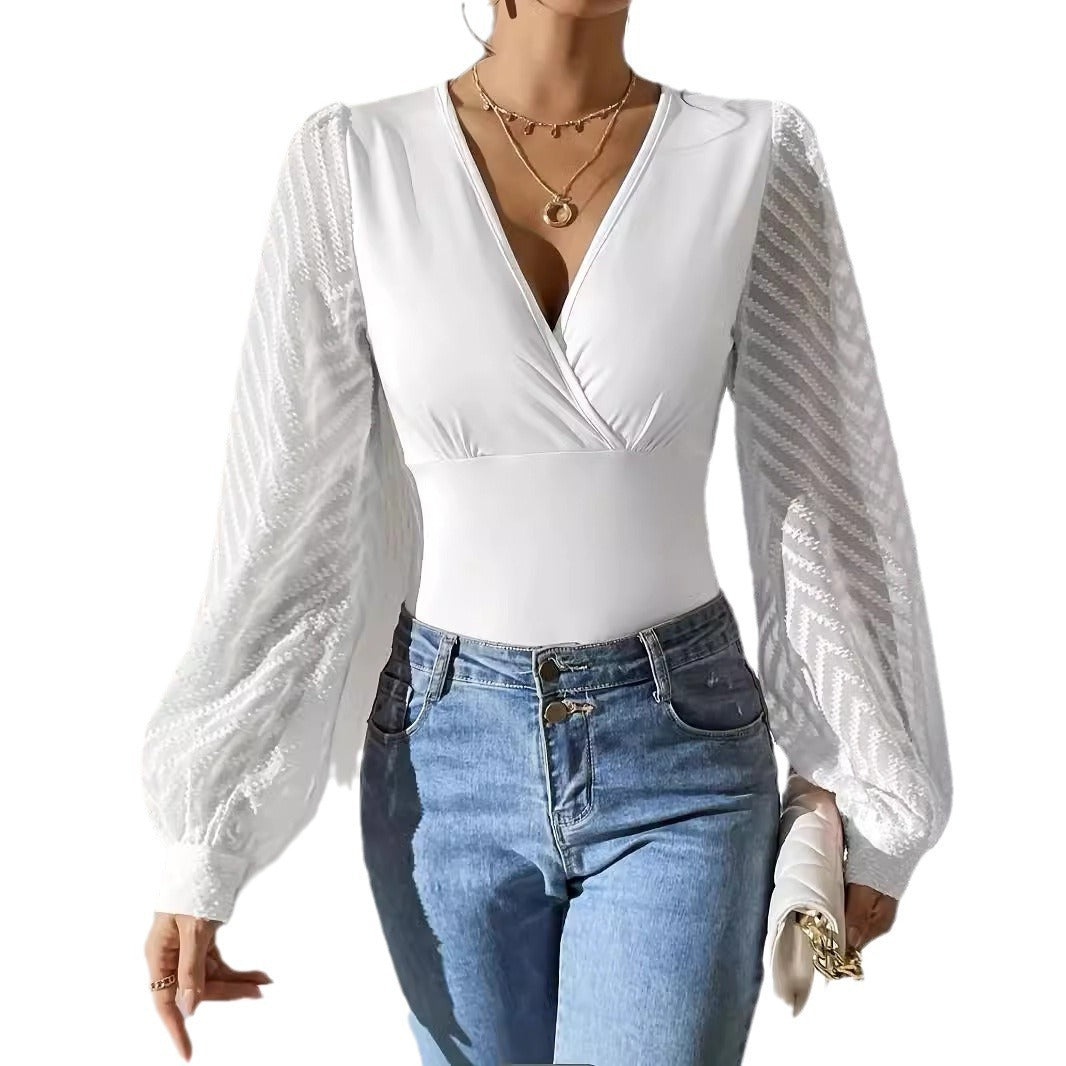 Haut à manches longues en mousseline de soie pour femme, couleur unie, tricoté, décolleté en V profond