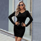V-neck Gathers Sheath Knitted Long-sleeved Dress A- Line Skirt