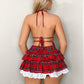 Lace-up Backless Slim Fit Top Lotus Leaf Zipper Skirt Plaid Suit