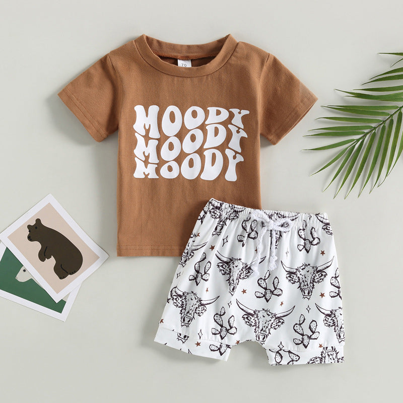 Boys' Printed Letters Round Neck Short Sleeve Shorts Suit