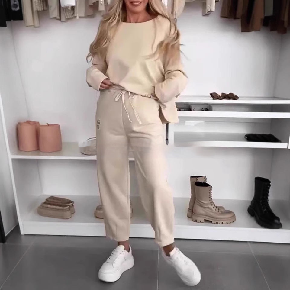 Women's Solid Color Loose-fitting Casual Pullover Trousers Two-piece Set