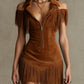 Retro Suede Tassel Off-Shoulder Dress