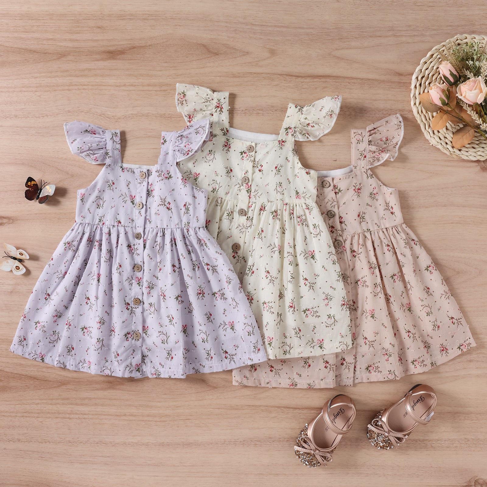 Children's Tricolor Floral Fly Sleeve Slip Dress