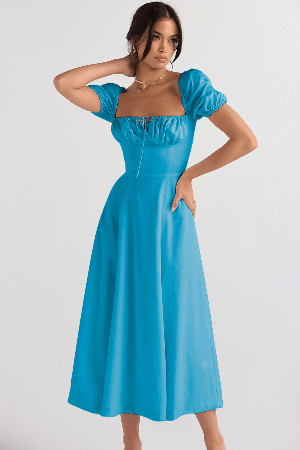 Womens Slimming Elegant Puff-Sleeve Lace-Up Short-Sleeve Dress