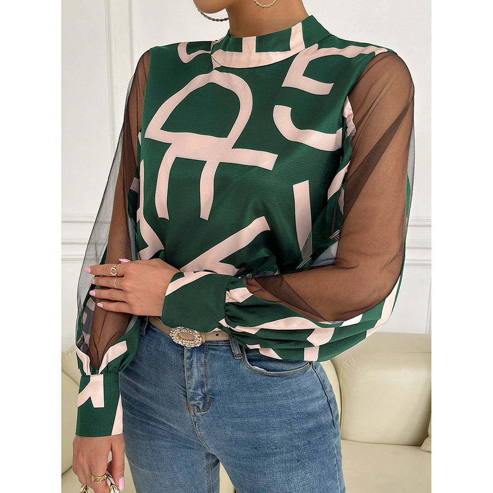 Geometric Print Stitching Mesh Round Neck Pullover Top