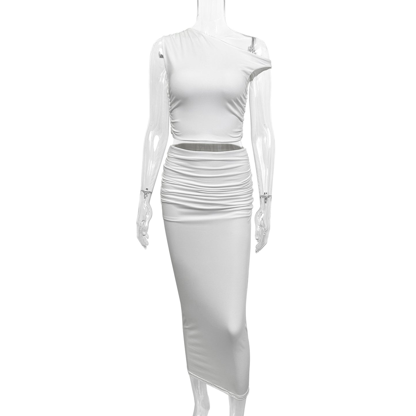 European And American Oblique Shoulder Collar Fashion Solid Color Pleated Sleeveless Sheath Suit