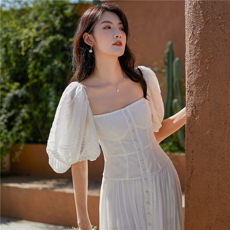 Robe longue à col carré et manches bouffantes pour femme