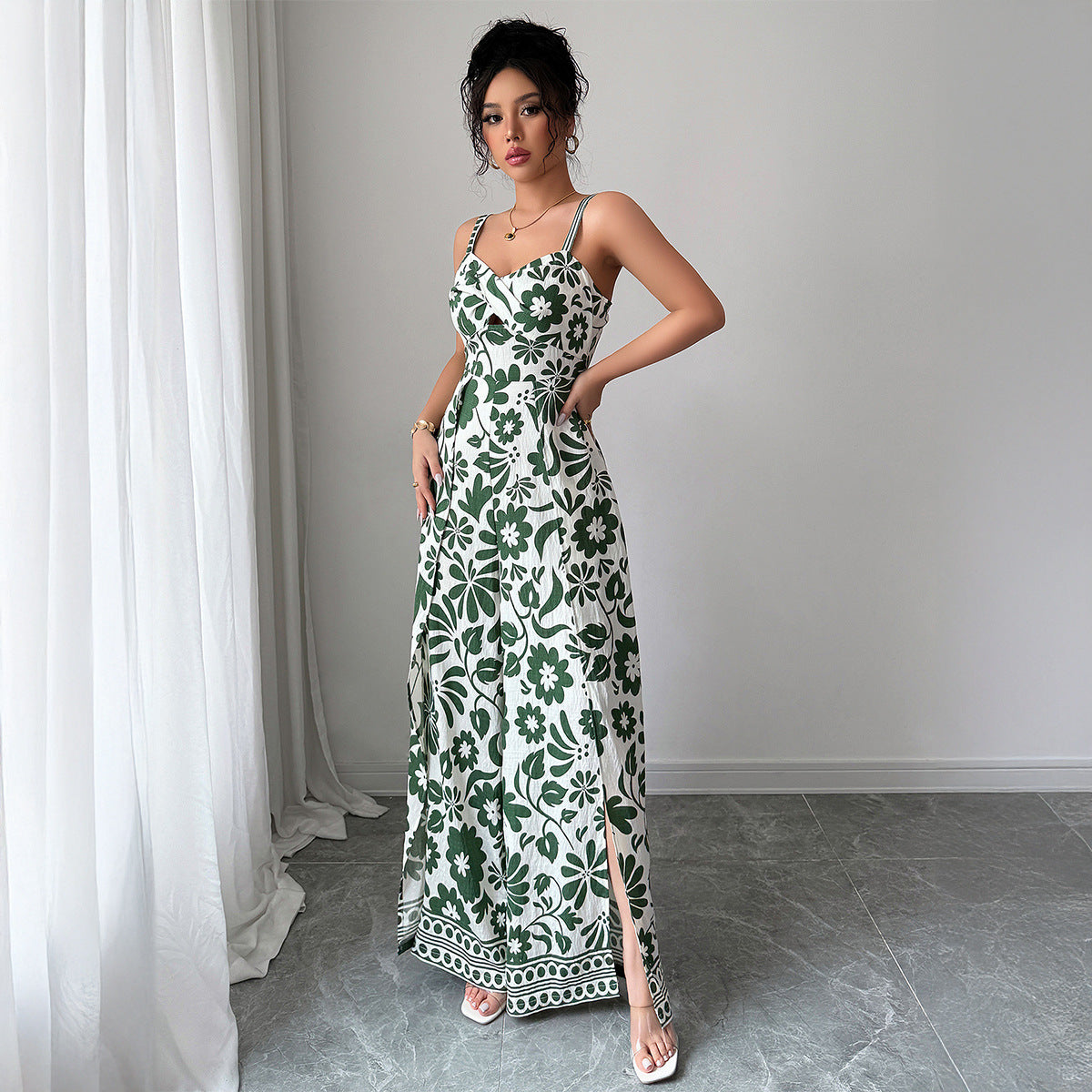 Elegant Graceful Printed Suspender Long Dress Women's Dress