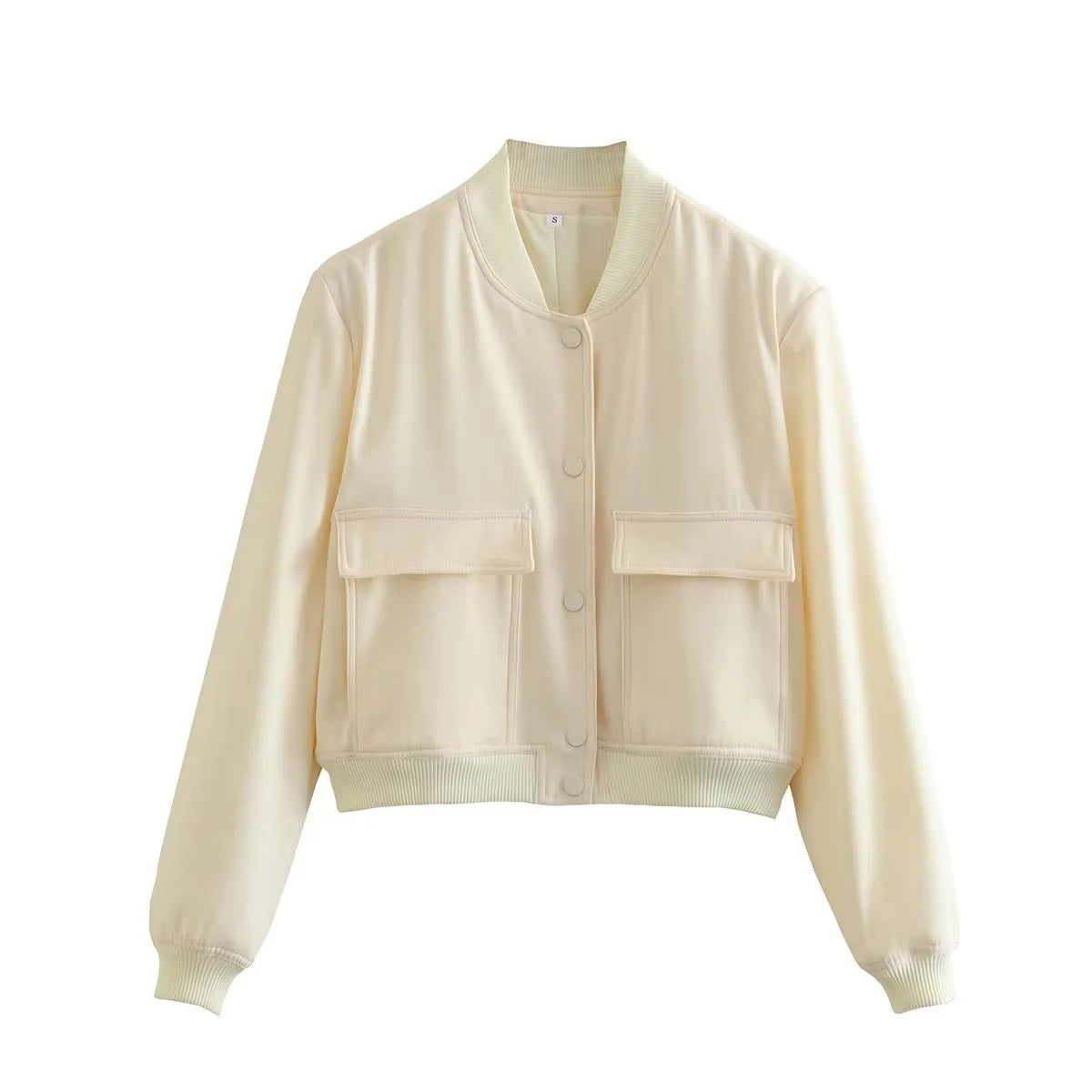 Veste courte décontractée à simple boutonnage et col montant avec poches, vêtement d'extérieur à manches longues et tendance pour femme