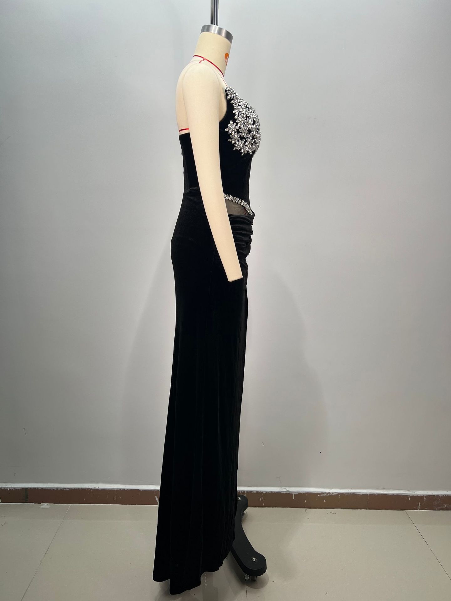 Women's Black Bandeau Slim-fit Drilling Long Dress