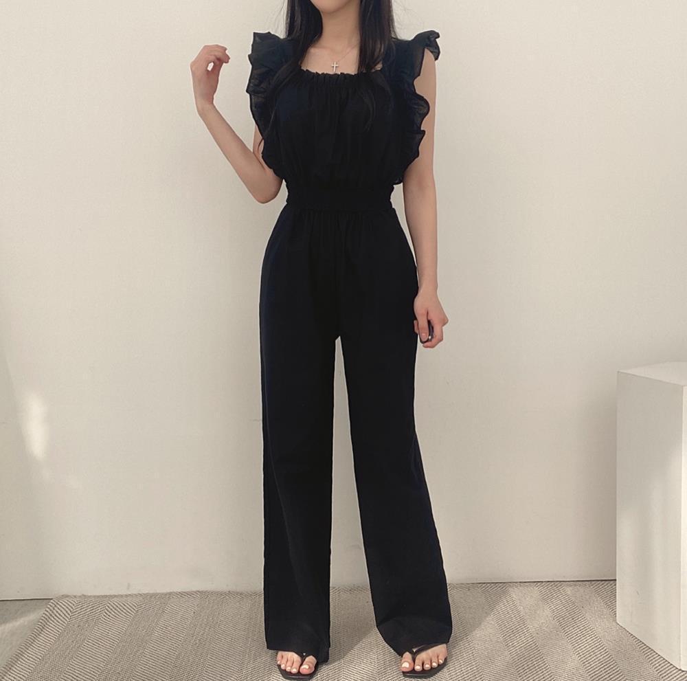 Combinaison rétro française à col carré et manches volantées, taille haute, élastique et jambes larges pour femme