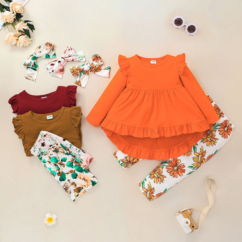Girls' Lotus Leaf Lace Skirt And Trousers Suit