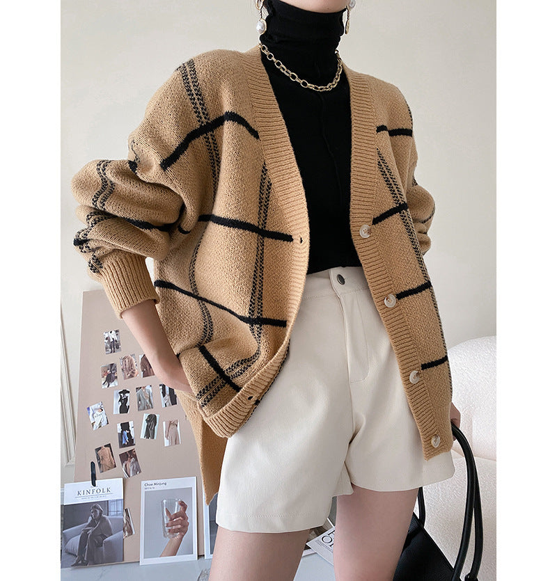 Large Check Loose Long Sleeve Sweater Jacket