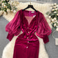 Robe en velours vintage haut de gamme abordable de luxe, niche, manches lanternes, slim, mi-longue, fendue, longueur genou, style tribunal