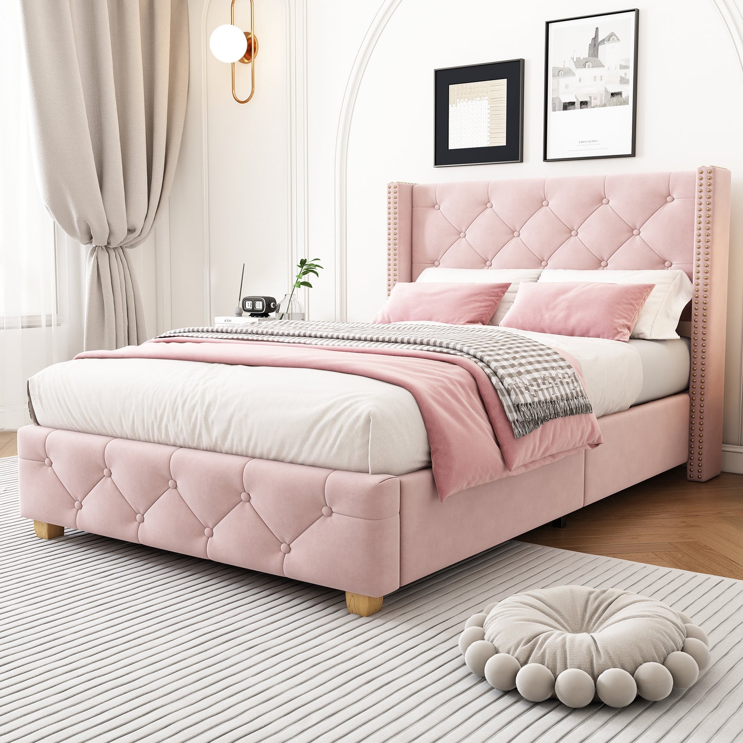 Upholstered Bed,Single Bed-3ft 90x190cm ,With Slatted Frame And Headboard, Button Upholstery, Rivet Upholstery, Wooden Legs, Velvet, Pink