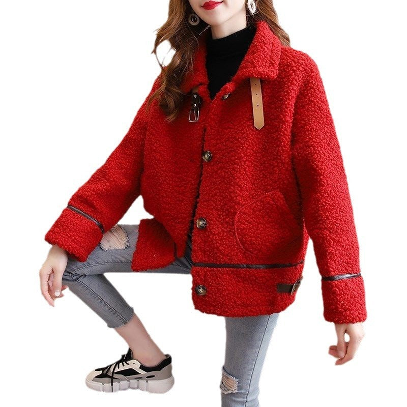 Manteau en laine d'agneau à manches longues pour femme, chaud