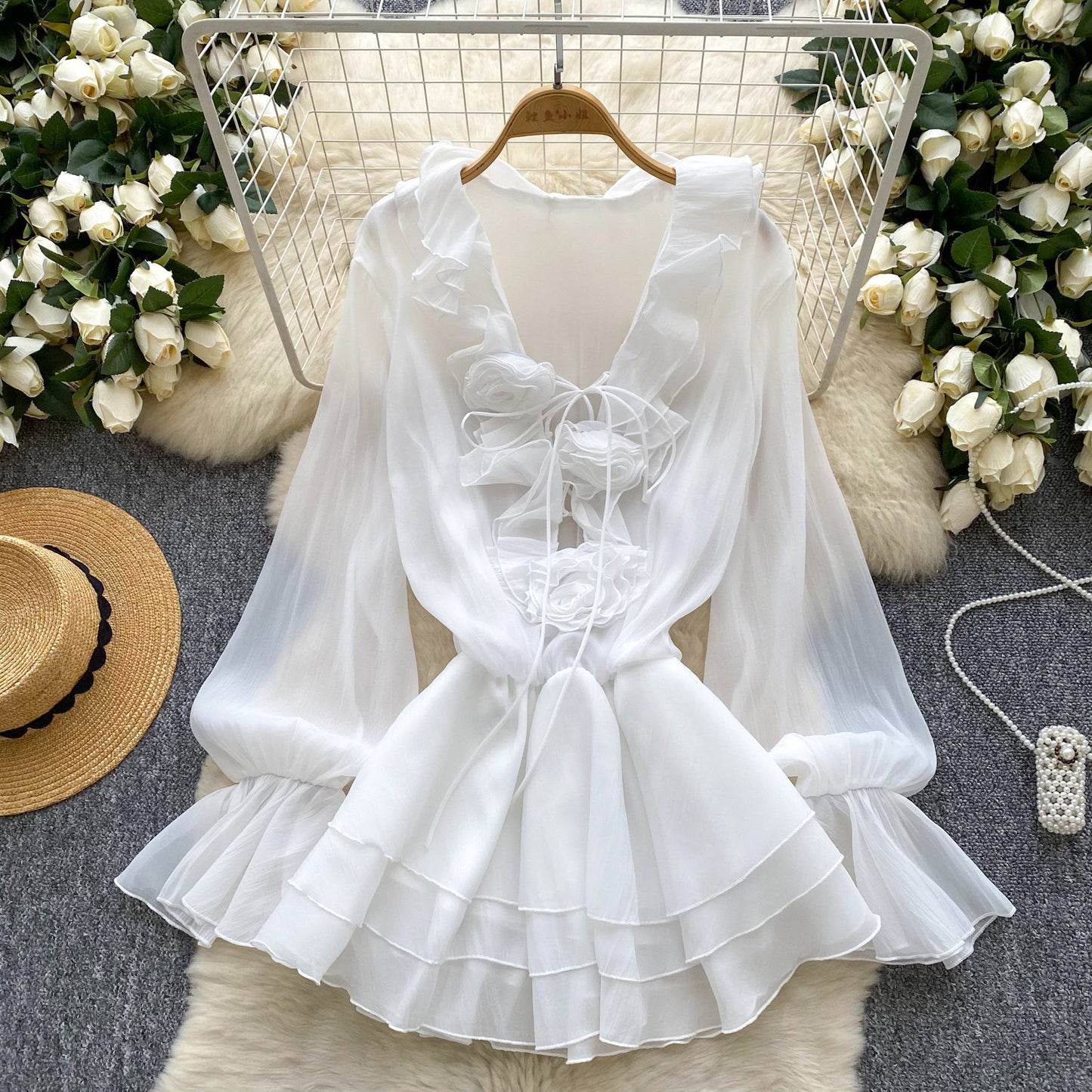 Womens Solid-Colored V-Neck 3D Floral Lace-Up Ruffled Chiffon Dress