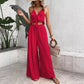 Elegant Solid-color Two-piece Set A V-neck Slip Top With Tie Details And Wide-leg Trousers