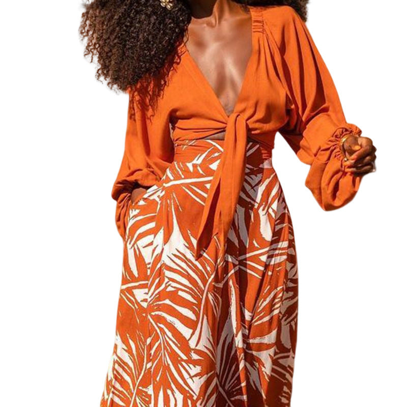 Women's Fashionable Printed Pants V-Neck Suit