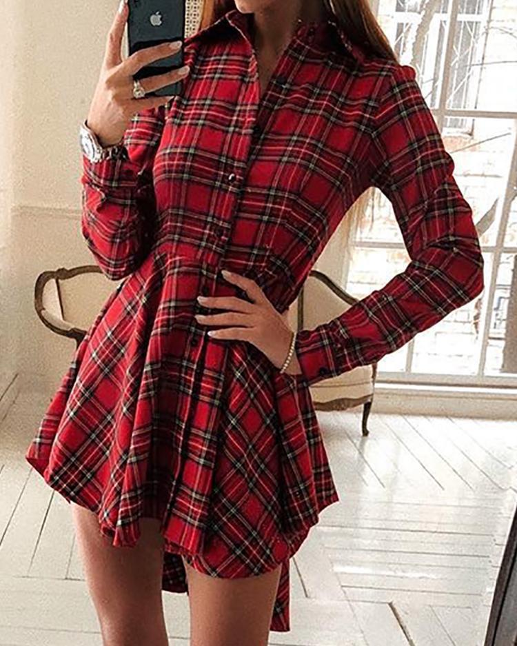 Fashionable Elegant Plaid Long Sleeve Lapel Single Breasted Shirt Irregular Dress