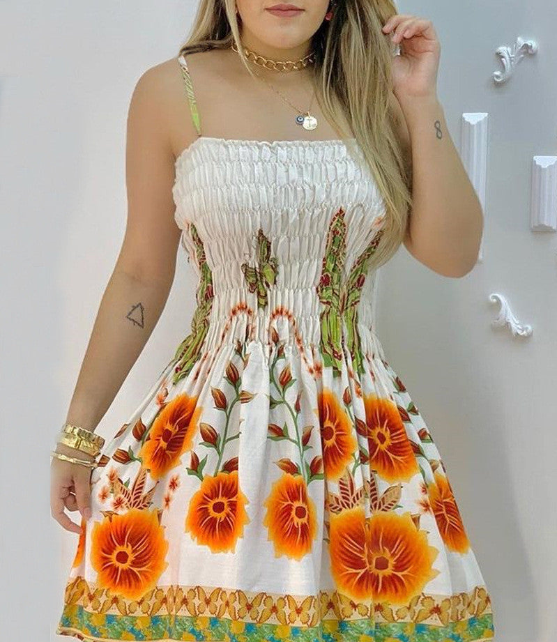Female Positioning Printing Floral Crumpled Sling Dress