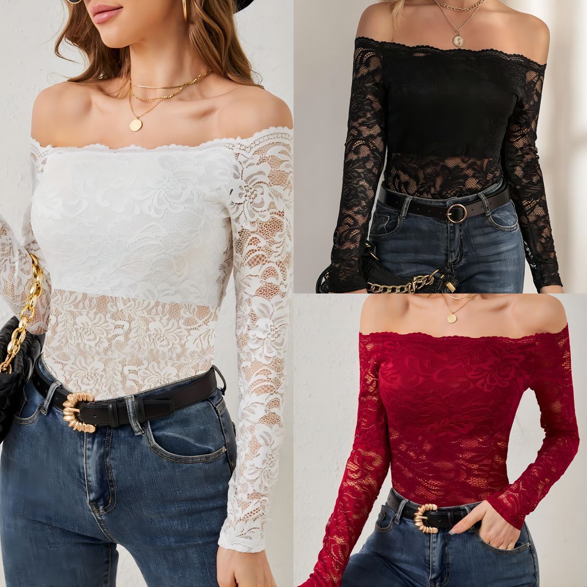 Elegant Fan-shaped Collar Off-shoulder Lace Top