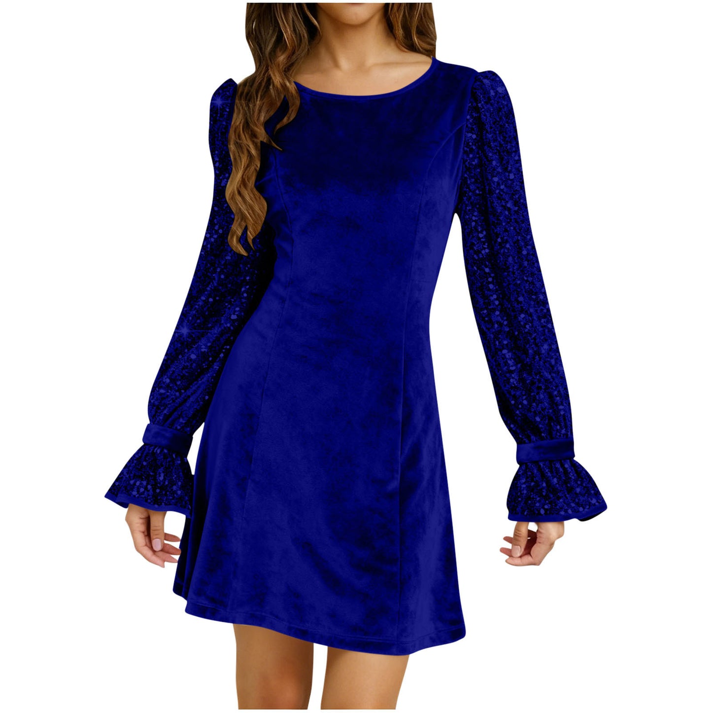 Solid-Color Crew-Neck Gold Velvet Sequin Long-Sleeve Dress