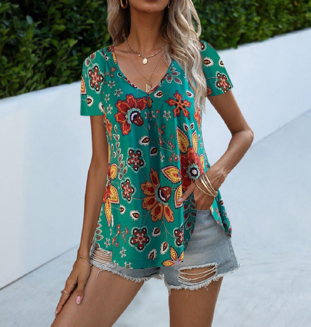 Women's Multicolor V-Neck Printed Short Sleeve T-Shirt
