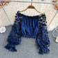 One-shoulder Three-dimensional Flower See-through Mesh Stitching Ladies Top