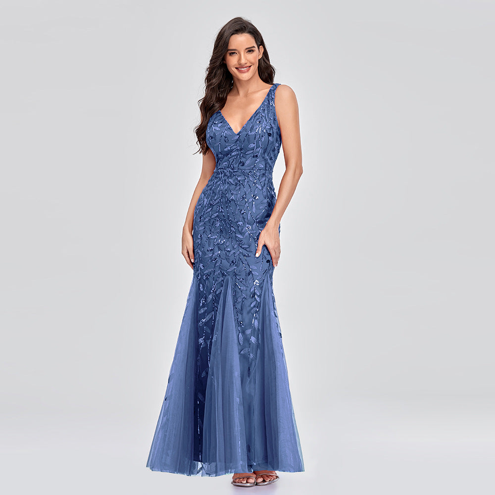Long Dress Sleeveless V Neck Embroidered