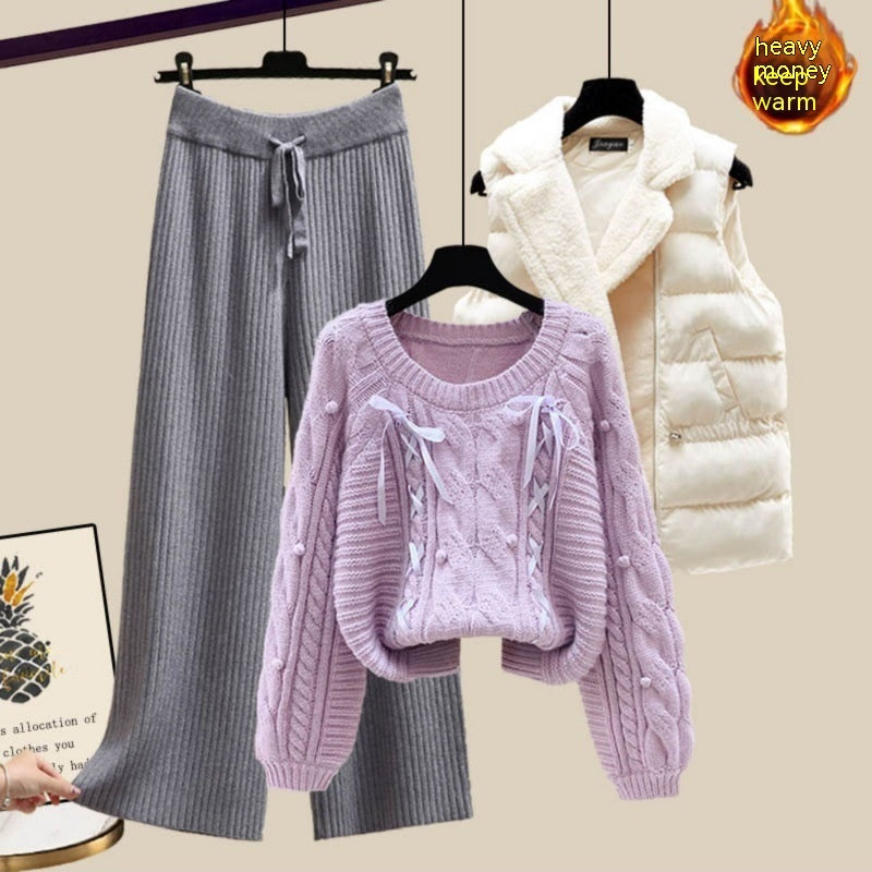 Ensemble trois pièces pour femme, gilet, pull épais, pantalon large
