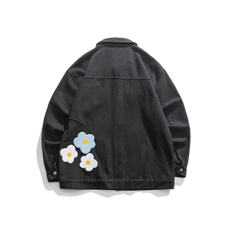 Flower Embroidered Pocket Work Jacket Retro Loose Lapel Jacket Men's