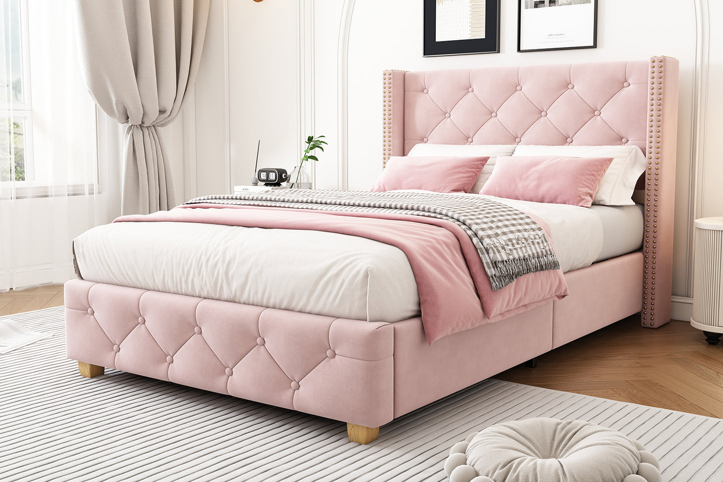 Upholstered Bed,Single Bed-3ft 90x190cm ,With Slatted Frame And Headboard, Button Upholstery, Rivet Upholstery, Wooden Legs, Velvet, Pink