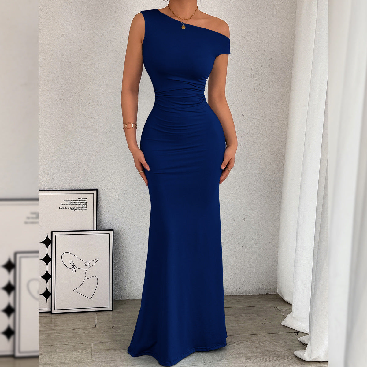 Off-the-shoulder Waist Pleated Sleeveless Dress