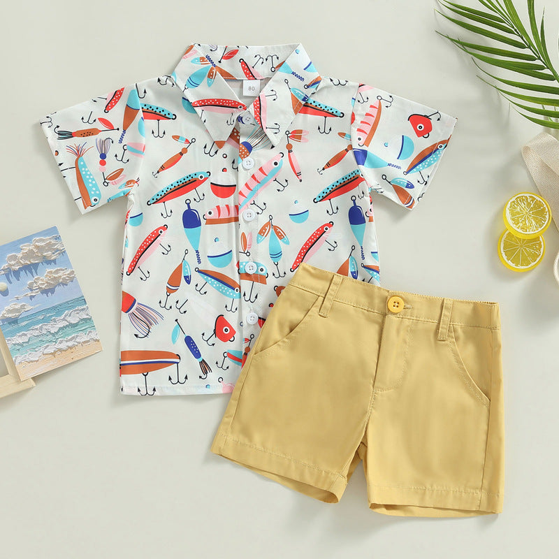 Boy Short Sleeve Printed Shirt Solid Color Shorts Casual Two-piece Suit