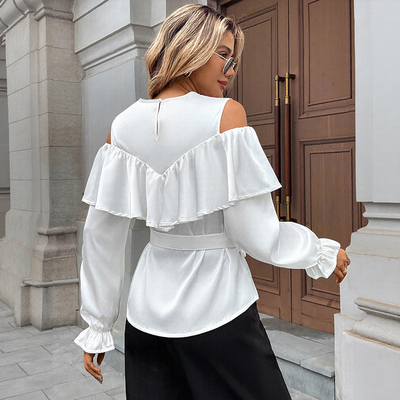 Women's Long-sleeved Ruffled Off-the-shoulder Lace-up Crew Neck Shirt