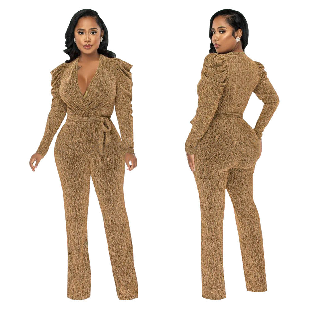 Waist Trimming V-neck Puff Sleeve Glossy Knitted Jumpsuit