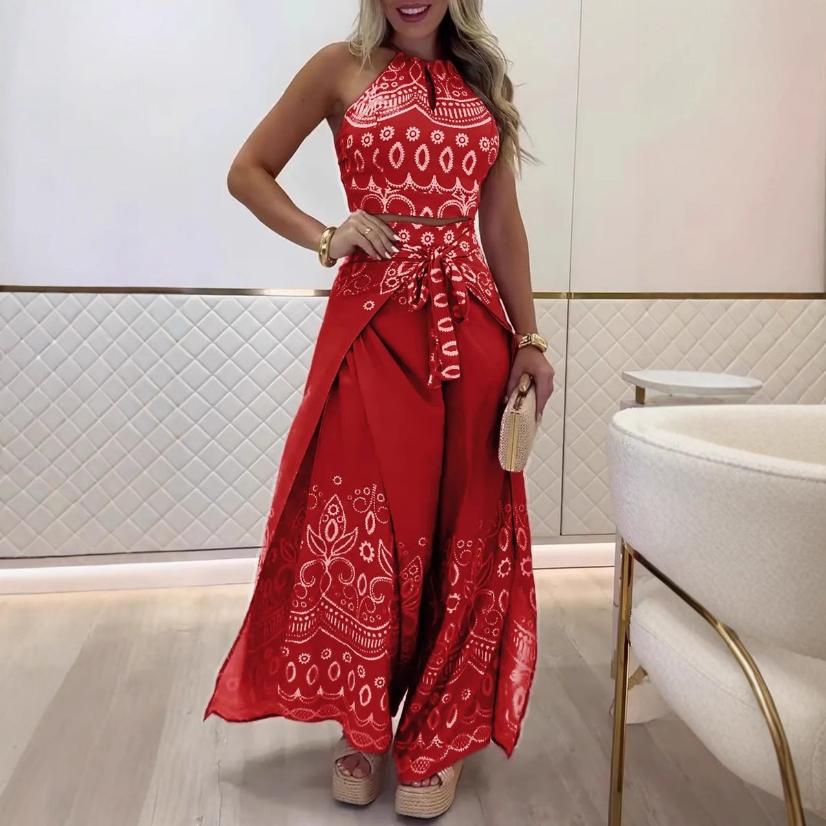 Ethnic Style Halter Top Wide Leg Pants Suit