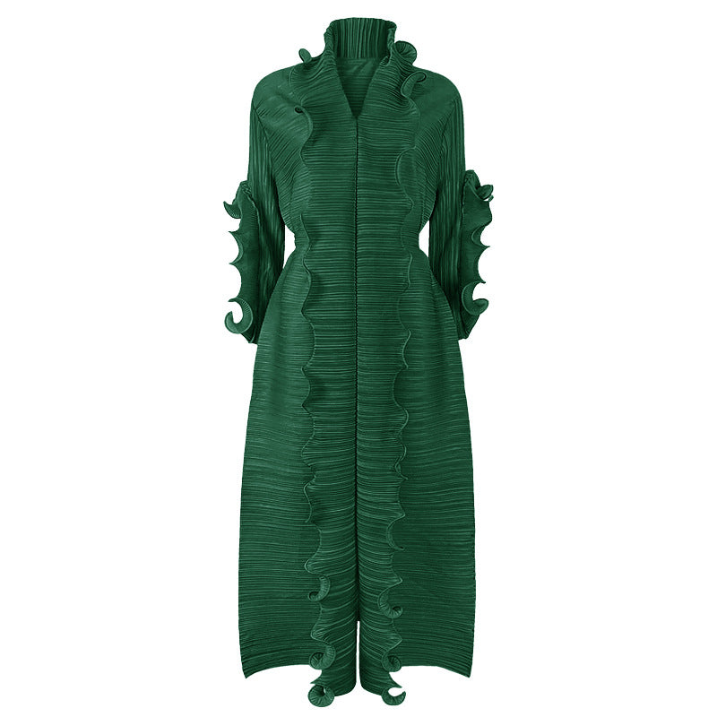 Jupe plissée à volants et manches longues pour femme, couleur unie