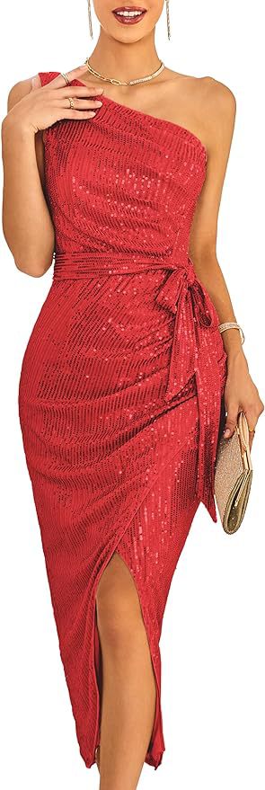 Robe fendue à paillettes sans manches et à une épaule pour femme