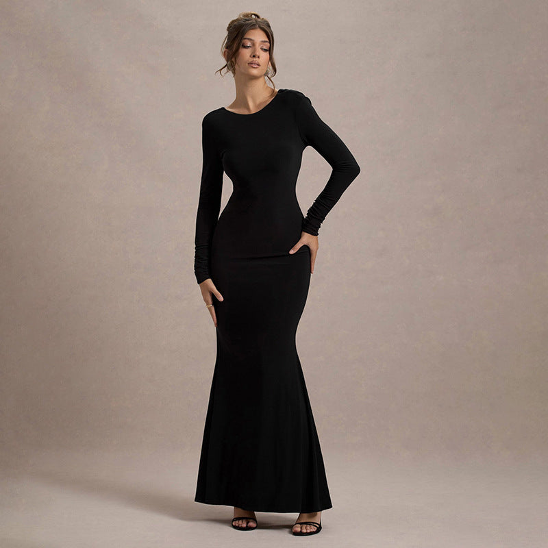 Backless Bow Long Sleeve Narrow Dress Women's Clothing